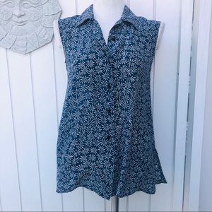 Silk blouse daisy print button down sleeveless vintage women’s small EUC